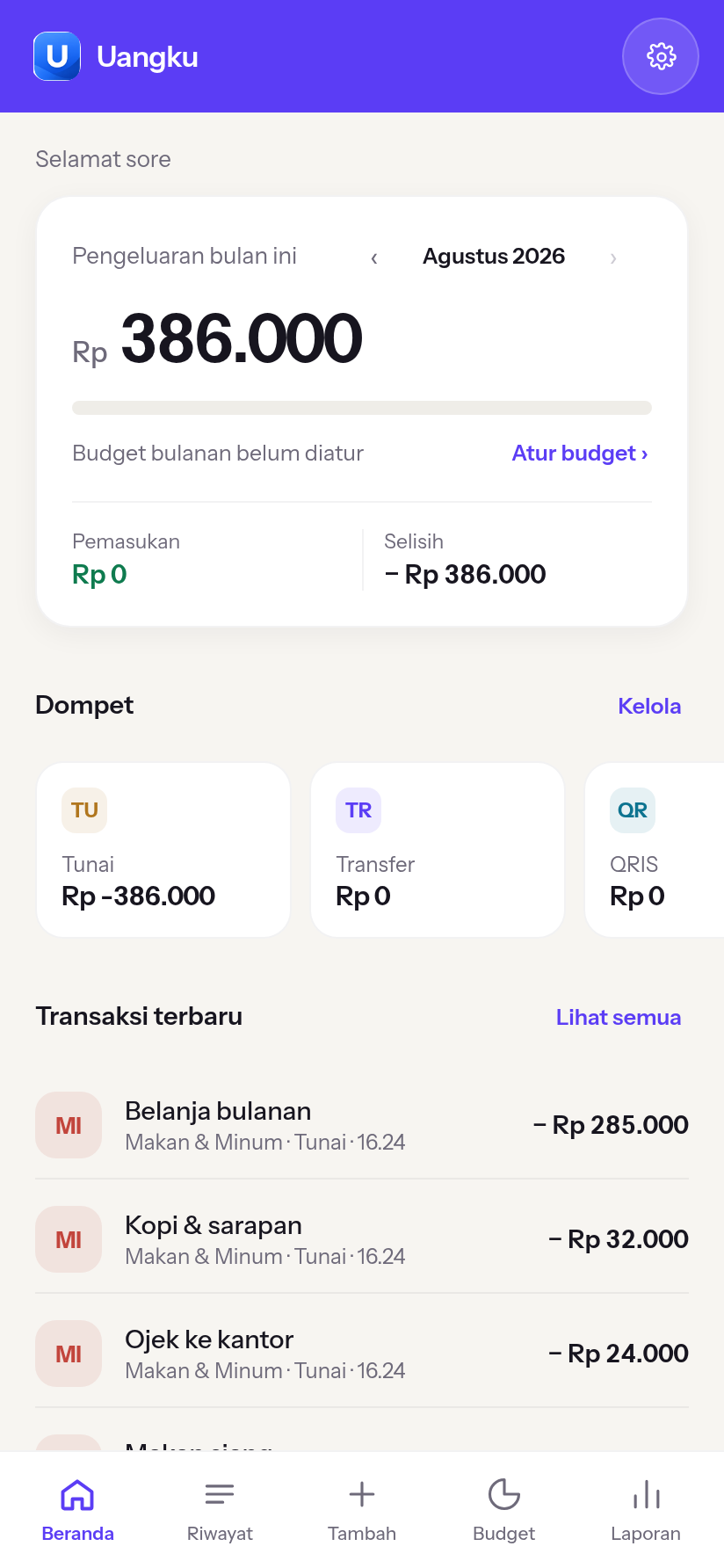 Layar Beranda Uangku: pengeluaran bulan ini, daftar dompet, dan transaksi terbaru